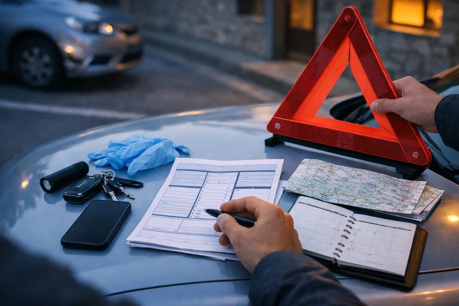 Operatore che gestisce un sinistro su auto a noleggio lungo termine con checklist operativa.